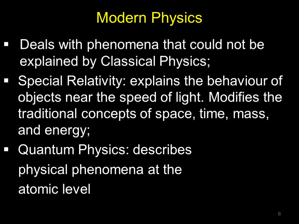 Modern Physics Deals with phenomena that could not be explained by Classical Physics; Special
